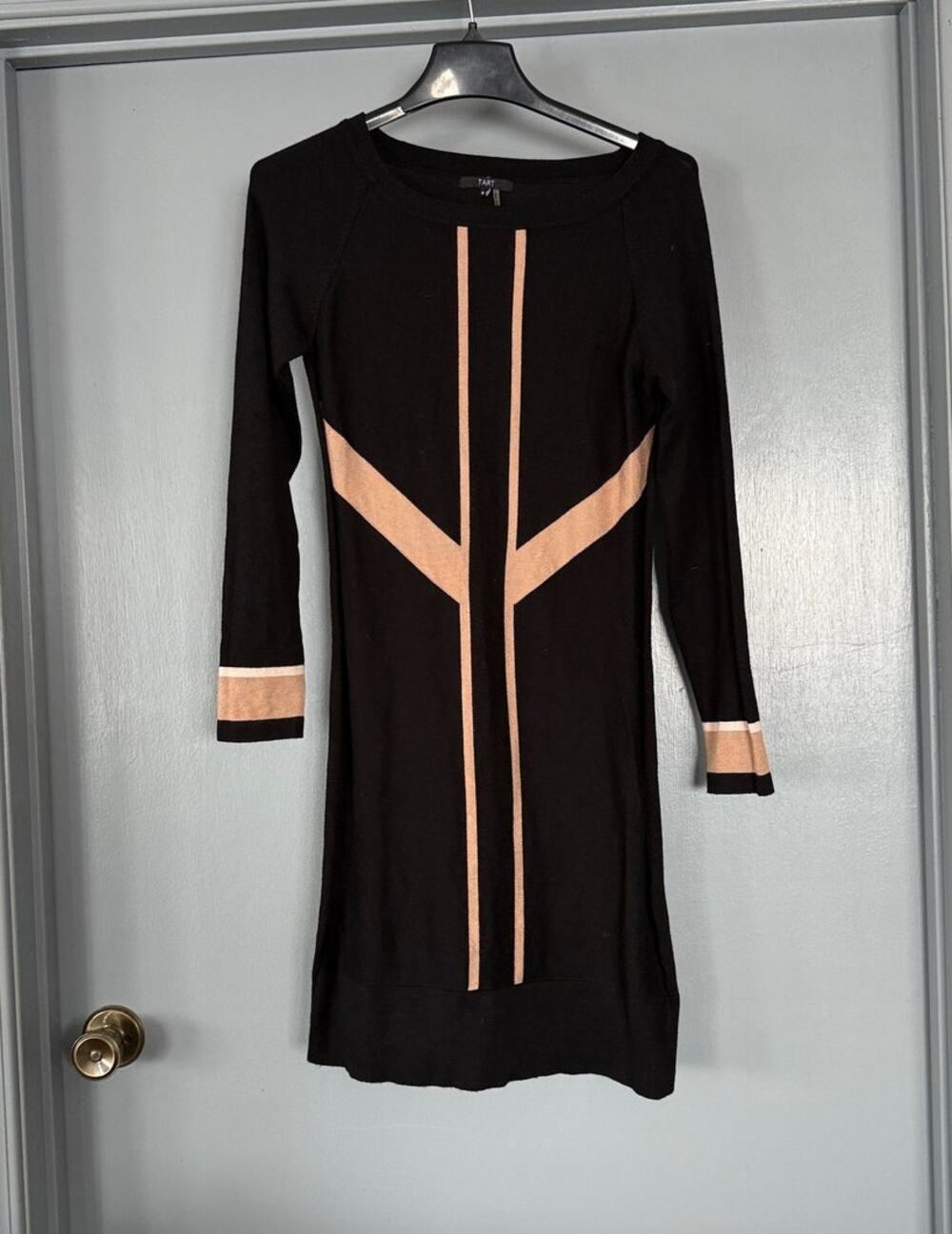 Tart Black Tan Midi Dress Long Sleeves Scoop Neck Stretchy Bodycon sz M Party